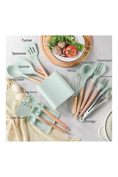 COOYA 12Pcs Cooking Utensils Set, Non-Stick Silicone, Mint Green