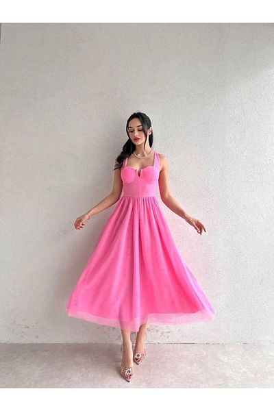 MİSSCİXFASHİON Tulle Detailed Crossed Low-cut Strap Midi Pink Dress
