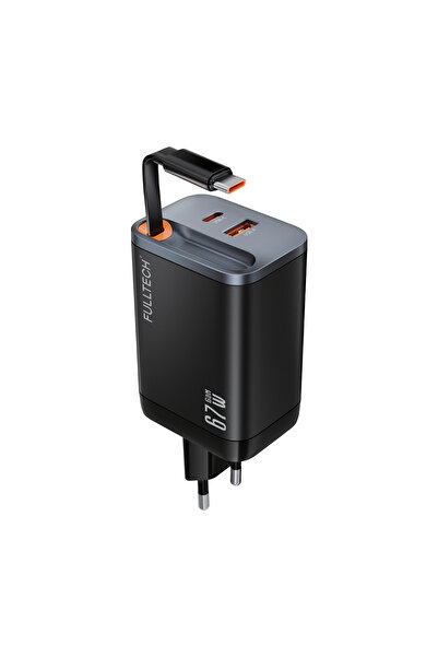 Fulltech FC23 67W GaN Hızlı Şarj Adaptörü | Dahili Retractable USB-C Kablo + USB-A Çıkışı | Telefon,