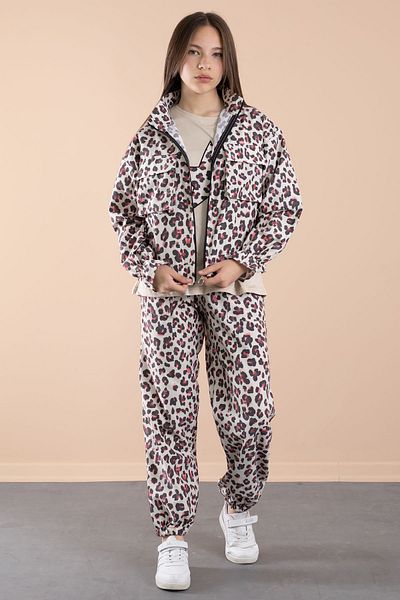 Cansın Mini Red Leopard Patterned Parachute Jacket and Crew Neck T-Shirt for Girls 3 Piece Set 20639