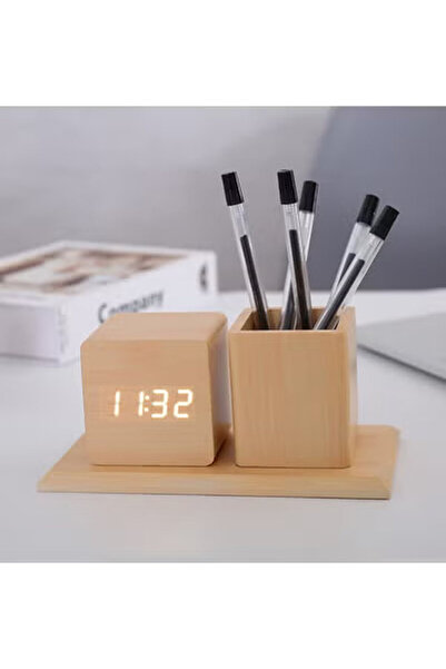Generic Digital Alarm Clock With Wooden Pen Holder And Beautiful Led Screen