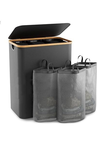 COOYA 3-Section Laundry Hamper with Lid & Removable Bags, 140L (Gray)