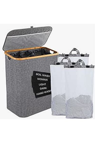 COOYA 150L Collapsible Laundry Hamper with Lid, 3 Removable Bags & Labels (Grey)