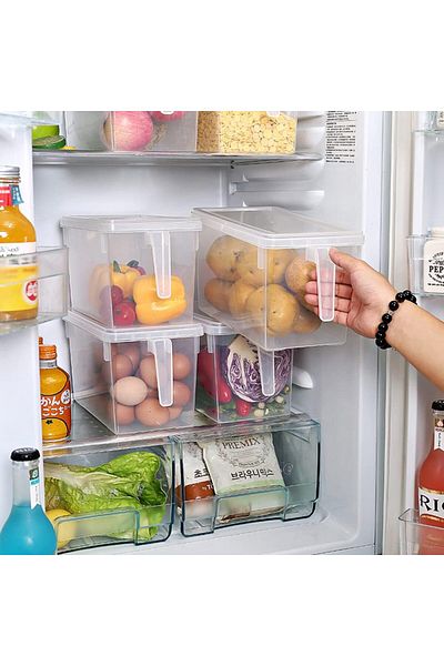 COOYA 4pcs Refrigerator Organizer,Stackable Plastic,with Lids & Handle for Fruits & Vegetables,Transparent