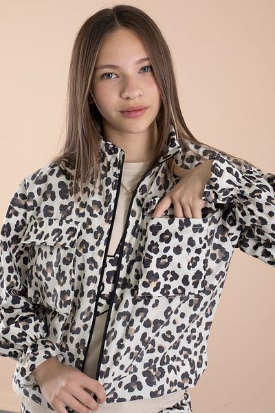 Cansın Mini Κρεμ Leopard μοτίβο αλεξίπτωτο μπουφάν με λαιμόκοψη T-shirt για κορίτσια 3 τεμαχίων 20637