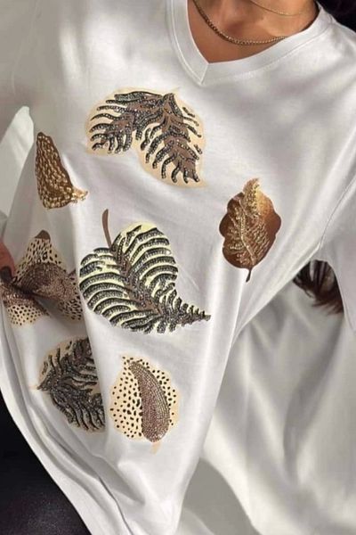 Bİ.GİYSEN Women's White V-Neck Large Size Front Detailed Embroidered 100% Cotton Combed Cotton Blouse