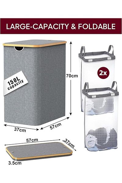 COOYA 150L Double Laundry Hamper with Lid, 2 Section Divided Foldable Laundry Hamper with Removable Bags