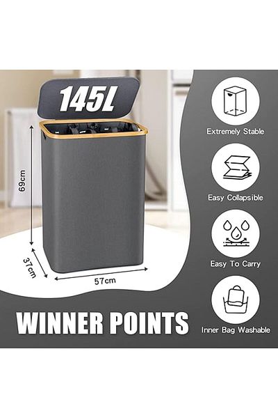 COOYA 3-Section Laundry Hamper with Lid & Removable Bags, 140L (Gray)