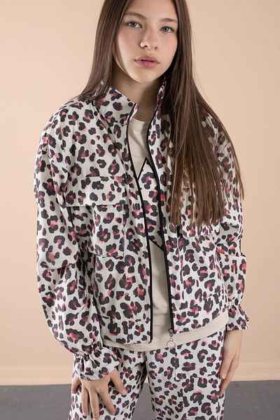 Cansın Mini Red Leopard Patterned Parachute Jacket and Crew Neck T-Shirt for Girls 3 Piece Set 20639