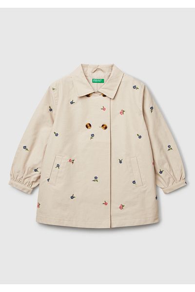 United Colors of Benetton Girl's Ecru All Floral Embroidered Cuffed Trench Coat
