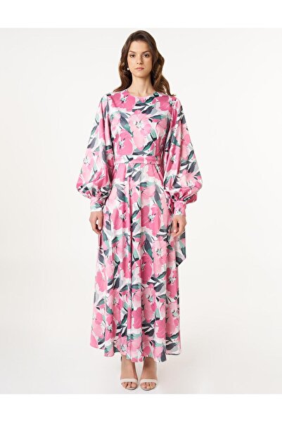 Kayra Floral Desen Saten Elbise Pudra