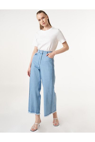 Kayra Pantaloni din denim cu ciucuri cu ciucuri, albastru gheață