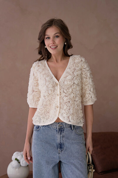 Park Karon Rose Detail Buttoned Full Tulle Blouse