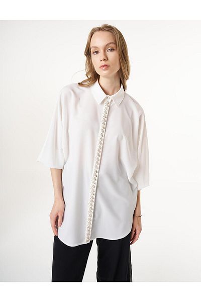 Kayra Embroidered Ecru Shirt Collar Tunic