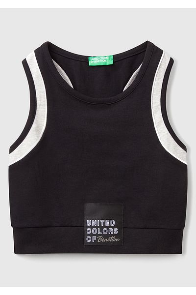 United Colors of Benetton Girl's Black Stretch Fabric Contrast Logo Label Sports Bra