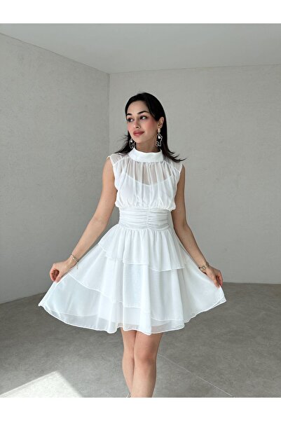 Mooi Butik Stand Collar Zero Sleeve Messina Dress 2292 - White
