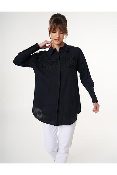 Kayra 100% Cotton Stripe Detailed Tunic Black
