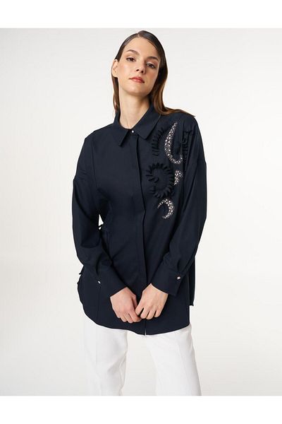 Kayra Embroidered Waist Shirred Tunic Dark Navy Blue