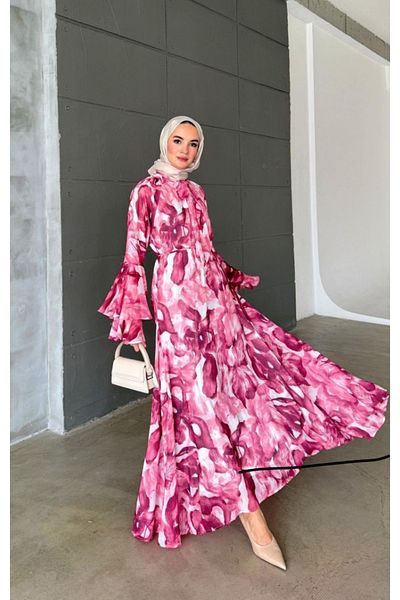 nizzell New Season Belted Women's Floral Chiffon Dress Pink
