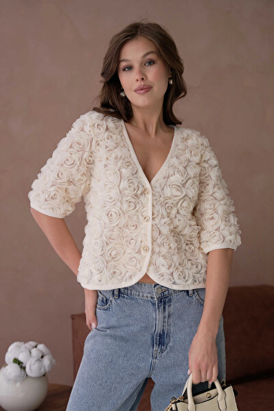 Park Karon Rose Detail Buttoned Full Tulle Blouse