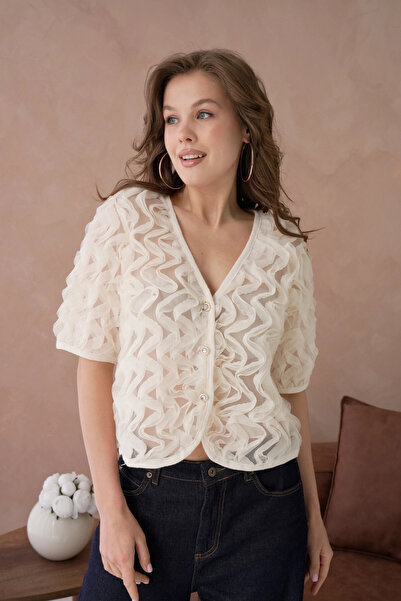 Park Karon Fır Fır Detail Buttoned Full Tulle Blouse