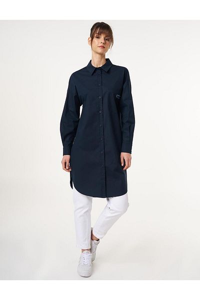 Kayra Shirt Collar Cotton Tunic Dark Navy Blue