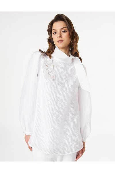 Kayra Optic White Shal - Bluză Jacquard cu guler