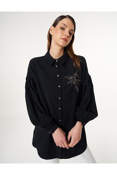 Kayra Black Embroidered Satin Tunic