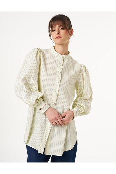 Kayra Detailed Tunic - Stripe and Embroidery Detailed Lime