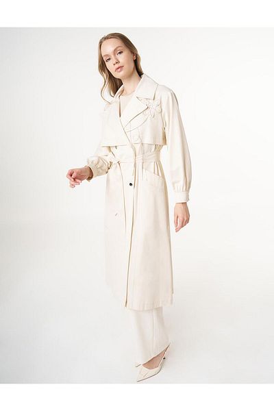 Kayra Floral Appliqued Belted Trench Coat Cream