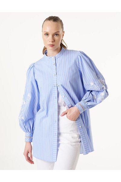 Kayra Havachi Blue Tunic - Λεπτομερής με ρίγες και κέντημα