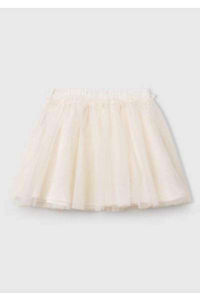 United Colors of Benetton Girl's Ecru Tulle Detailed Elastic Waist Pleated Skirt