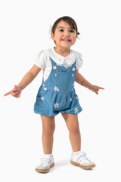 Jikko Baby Kız Bebek Çiçek Nakışlı Askılı Kot Tulum Salopet 2 li Takım 3612