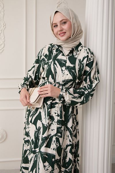 InStyle فستان فيسكوز كاكي بنمط فرشاة بأزرار
