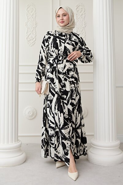 InStyle Buttoned Brush Pattern Black Viscose Dress