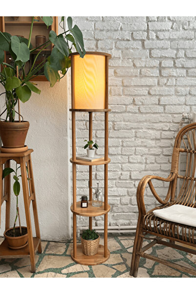 Fagus Wood Lona Raflı Lambader, 3 Katlı Ahşap Zemin Aydınlatması, Keten Abajurlu Masif Modern Dekoratif Lamba