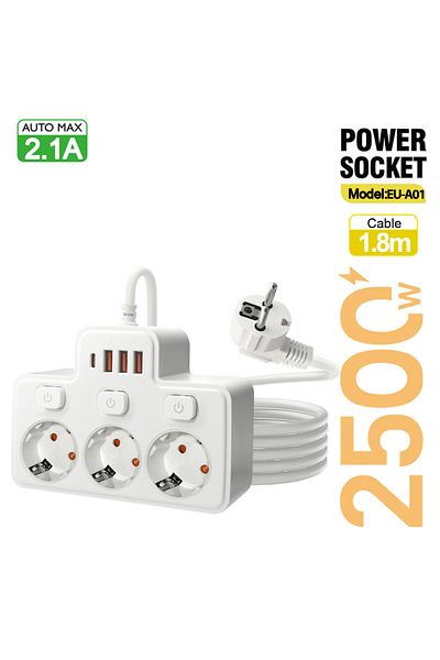 Choice EU Plug 1.8m White EU AC Plug Power Strip Wall Mounted Independent Switch Multitap Socket Network Fi