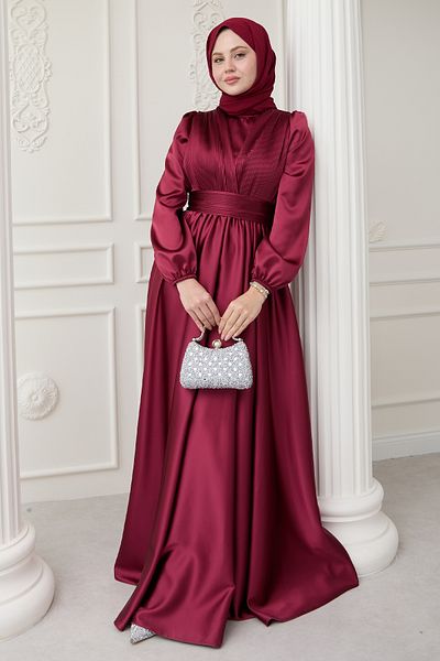 InStyle Rochie din satin burgundă plisată cu model în cruce