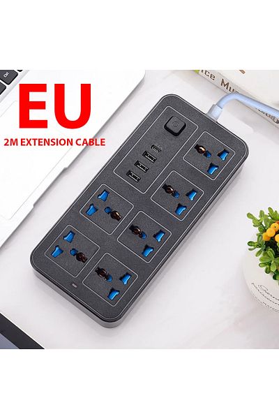 Henruisi Black Eu Power Multi Tap Universal Plug Eu Us Uk Outlet Power Strip Ac Type C Usb Port Charge Electr