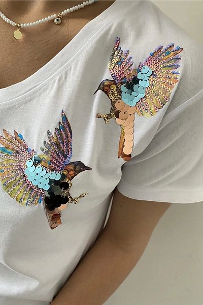 Bİ.GİYSEN White V-Neck Lycra Cotton Blouse - Plus Size, Two-Bird Shoulder