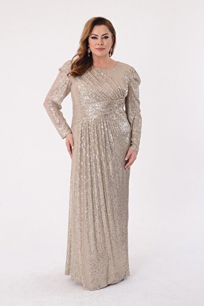 LİLAS XXL Büyük Beden Vizon Renkli Payetli Likralı Uzun Abiye