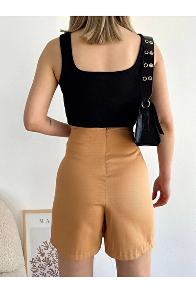 İntive Lingerie Μπεζ/Camel Σορτς από ύφασμα Gabardine με τέσσερα κουμπώματα ψηλόμεσο φερμουάρ στην πλάτη