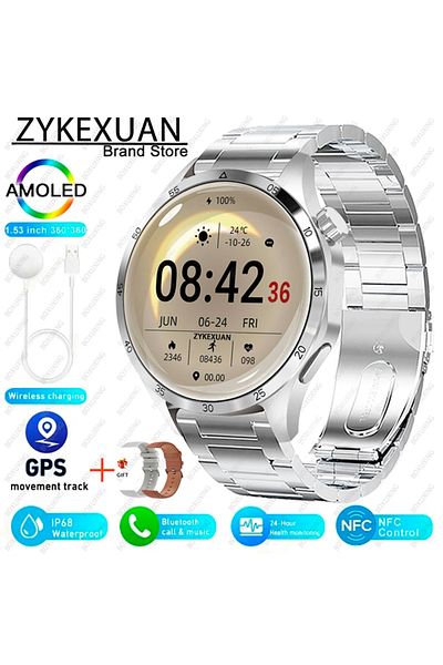ZYKEXUAN GPS NFC Smart Watch Silver steel For HUAWEI IOS Outdoor Sport GPS Smart Watch Men 1.53-inch HD AMOLE
