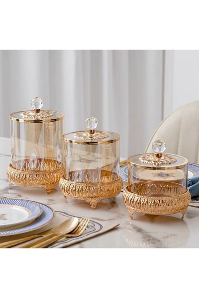 Choice M Gold 1pcs European Style Light Luxury Glass Candy Jar, Luxurious Storage Jar, Glass Crafts Decorat