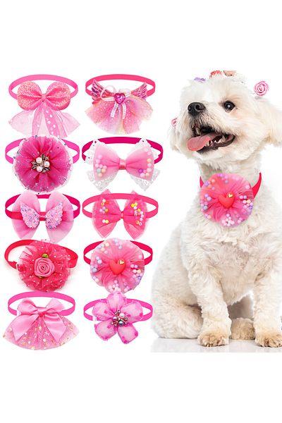 Choice as the picture shows 10pcs Pet Dog Bow Collar Adjustable Dog Cat Bows Collar Lace Bling Necktie for