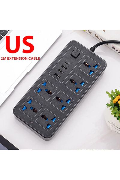 Henruisi Black Us Power Multi Tap Universal Plug Eu Us Uk Outlet Power Strip Ac Type C Usb Port Charge Electr