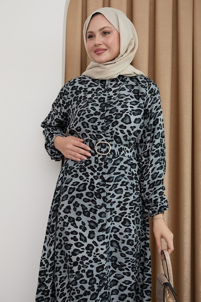 InStyle Leopar Desen Antrasit Viskon Elbise