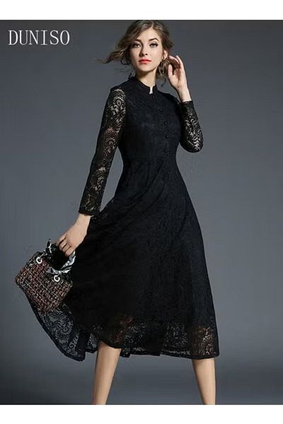 Generic Duniso Women's Evening Dress Lace Long Sleeve A-line Knee-length Maxi Dress, Banquet Party Dress
