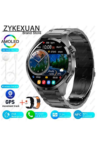 ZYKEXUAN GPS NFC Smart Watch Black steel For HUAWEI IOS Outdoor Sport GPS Smart Watch Men 1.53-inch HD AMOLED