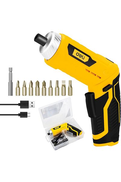 Deli Cordless Screwdriver Set with Rotatable Handle, Auto LED Light, and Rechargeable Design